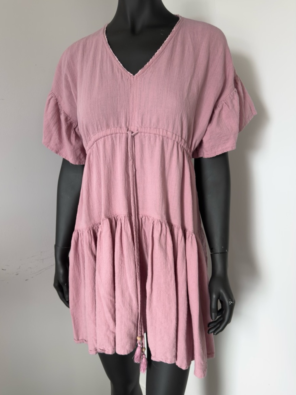 299. Salty Bright Pink V-Neck Tiered Tunic Top Mini Dress